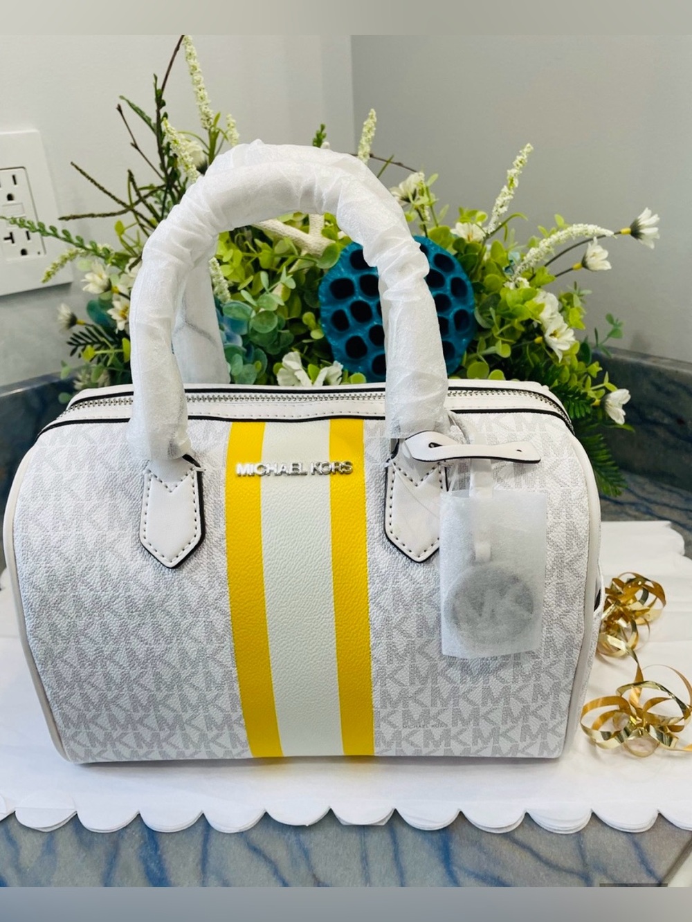 Michael Kors Bedford Duffle Satchel with Center Stripe White Multi